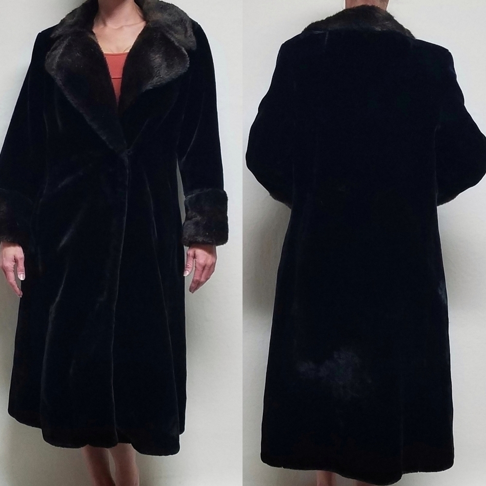 VINTAGE 1960s Borgessa Black Brown Faux Fur Shearling Full Length Coat Parka